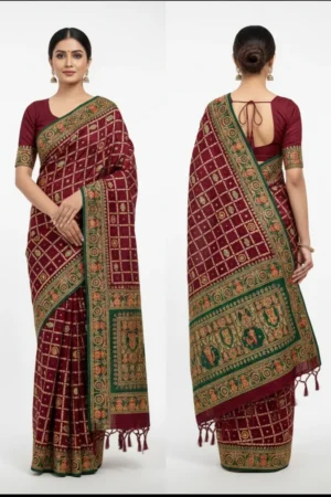 Pure Gajji Silk Hand Bandhej Garchola Sarees with Eye Catching Thread Embroidery
