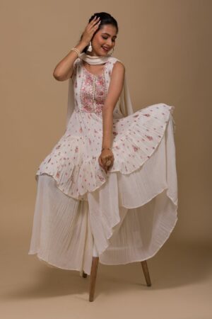 Cream Threadwork Georgette Readymade Sharara Suit