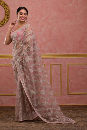 Onion Pink Zariwork Net Designer Saree