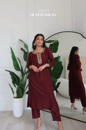 Women Maroon Kurta Pant Set for Festive and Daily Ethnic Wear