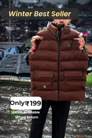Men Brown Sleeveless Puffer Winter Jacket for Daily Wear with Warm Padding