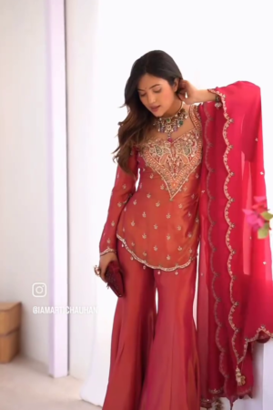 Women Maroon Embroidered Kurta Sharara Set with Dupatta for Eid Festive Wear