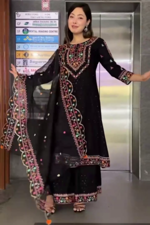 Women Black Embroidered Kurta Sharara Set with Dupatta for Festive Wear