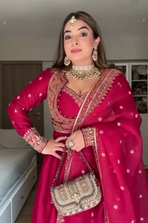 Women Wine Pink Embroidered Anarkali Suit with Dupatta for Festive and Wedding Wear