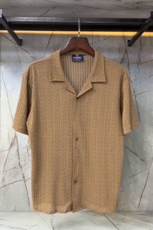 Men Beige Textured Half Sleeve Shirt with Open Collar for Casual and Smart Summer Wear