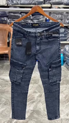 Men Dark Blue Slim Fit Cargo Denim Jeans with Utility Pockets