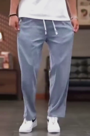 Men Light Blue Cotton Jogger Pants with Elastic Waist and Drawstring for Casual and Daily Wear