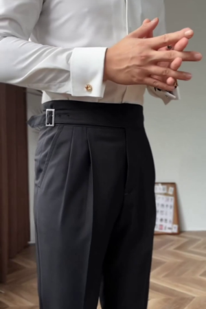 Men Black High-Waist Formal Trousers with Side Adjuster for Premium Office & Occasion Wear