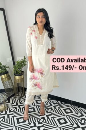 Premium White mulmul cotton printed kurta sets for women on mega sale
