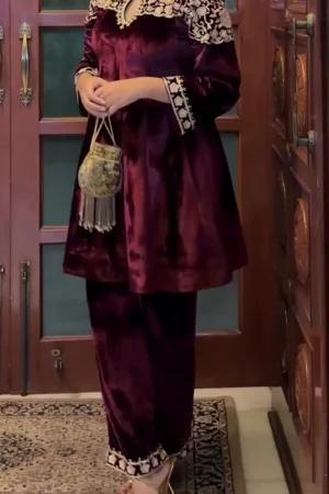 Women’s Maroon Velvet Embroidered Kurta Set with Pants for Festive and Wedding Wear
